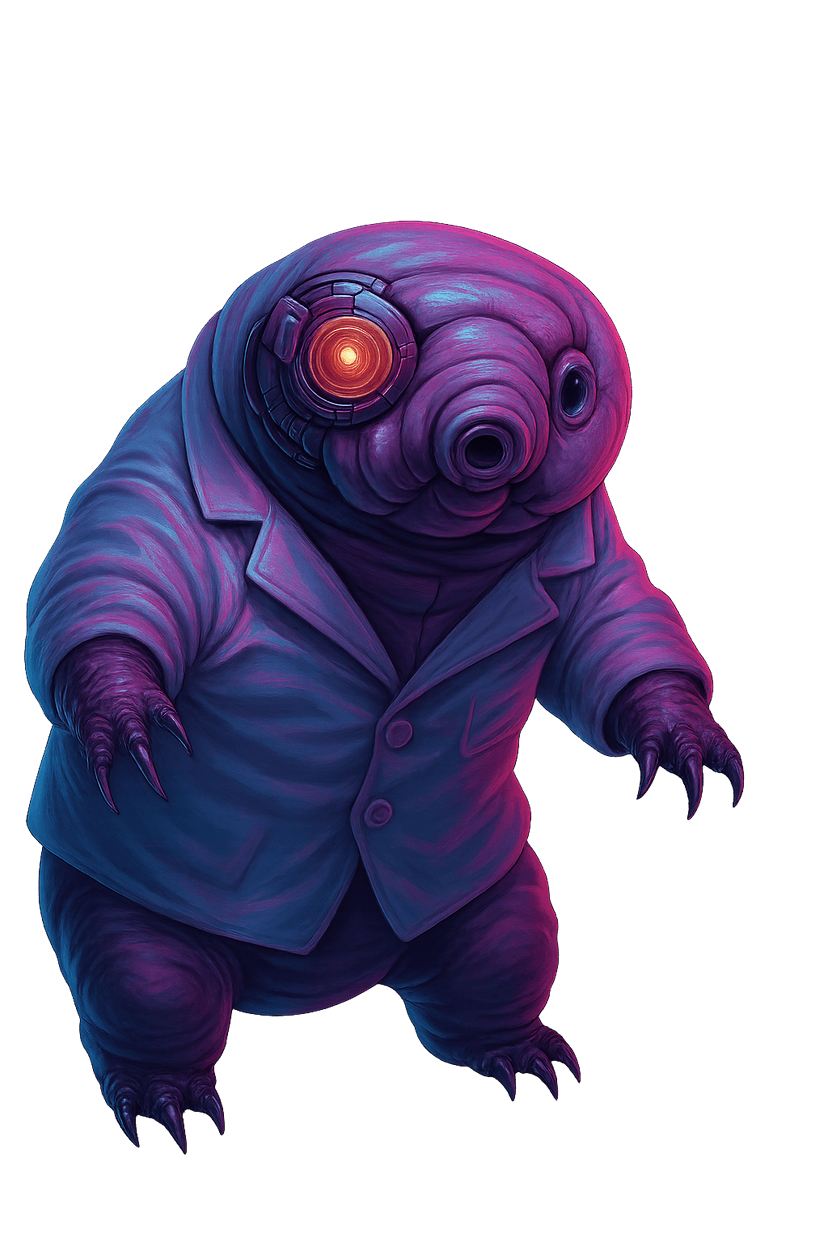 Tardi, the 404 Tech Found mascot — a cyberpunk tardigrade in a lab coat